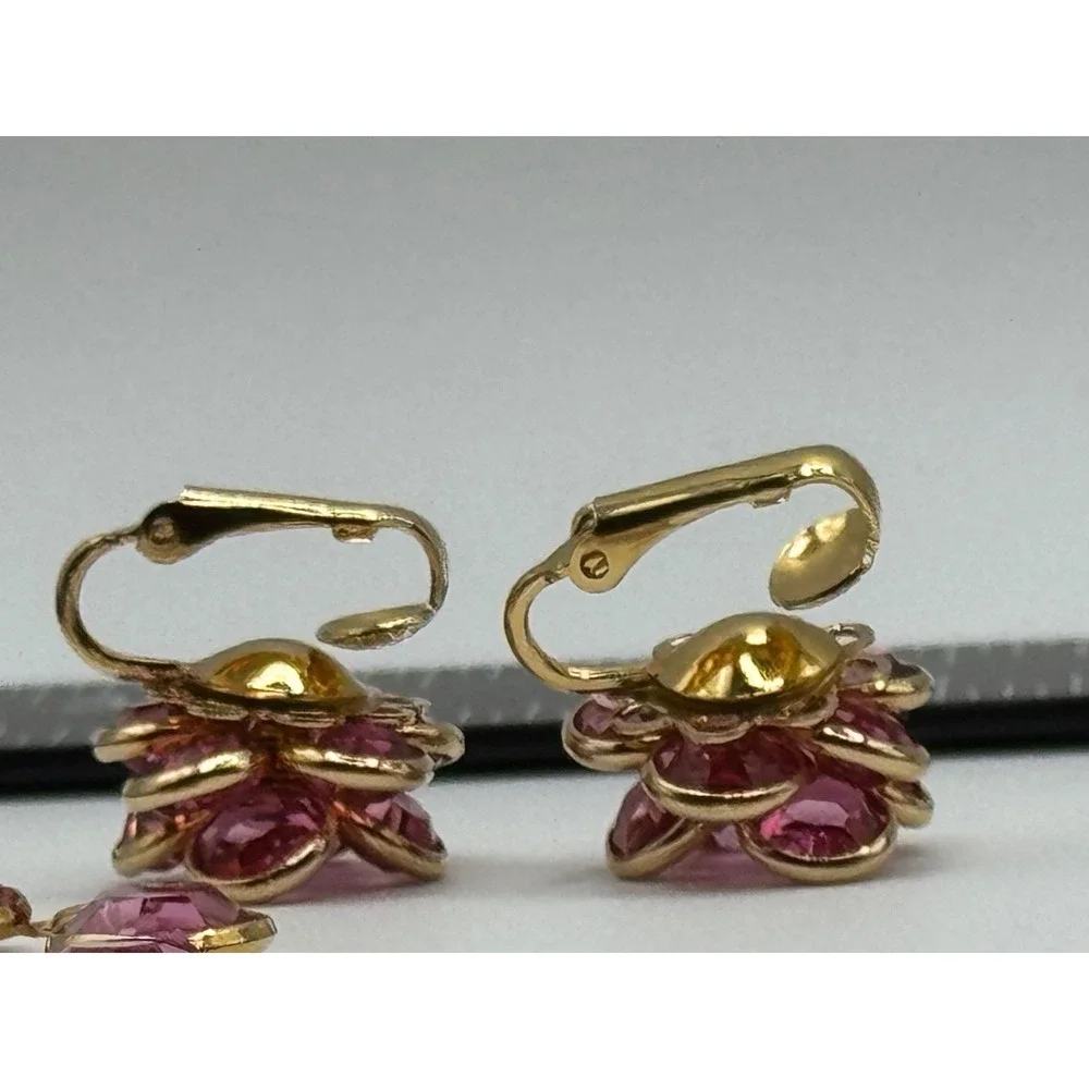 Vintage Pink Open Back Crystal‎ Necklace Clip On Earrings Bracelet Set Gold Tone